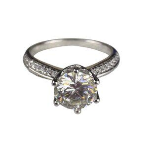 6 Moissanite Solitaire Engagement Ring Silver Tone Pave Band Includes Certificat